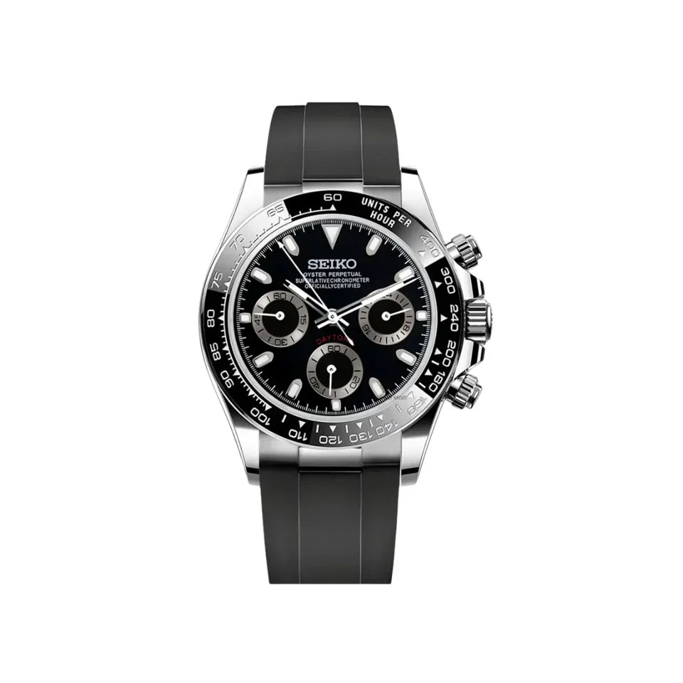 SEIKO MOD DAYTONA BLACK (BLACK RUBBER STRAP)